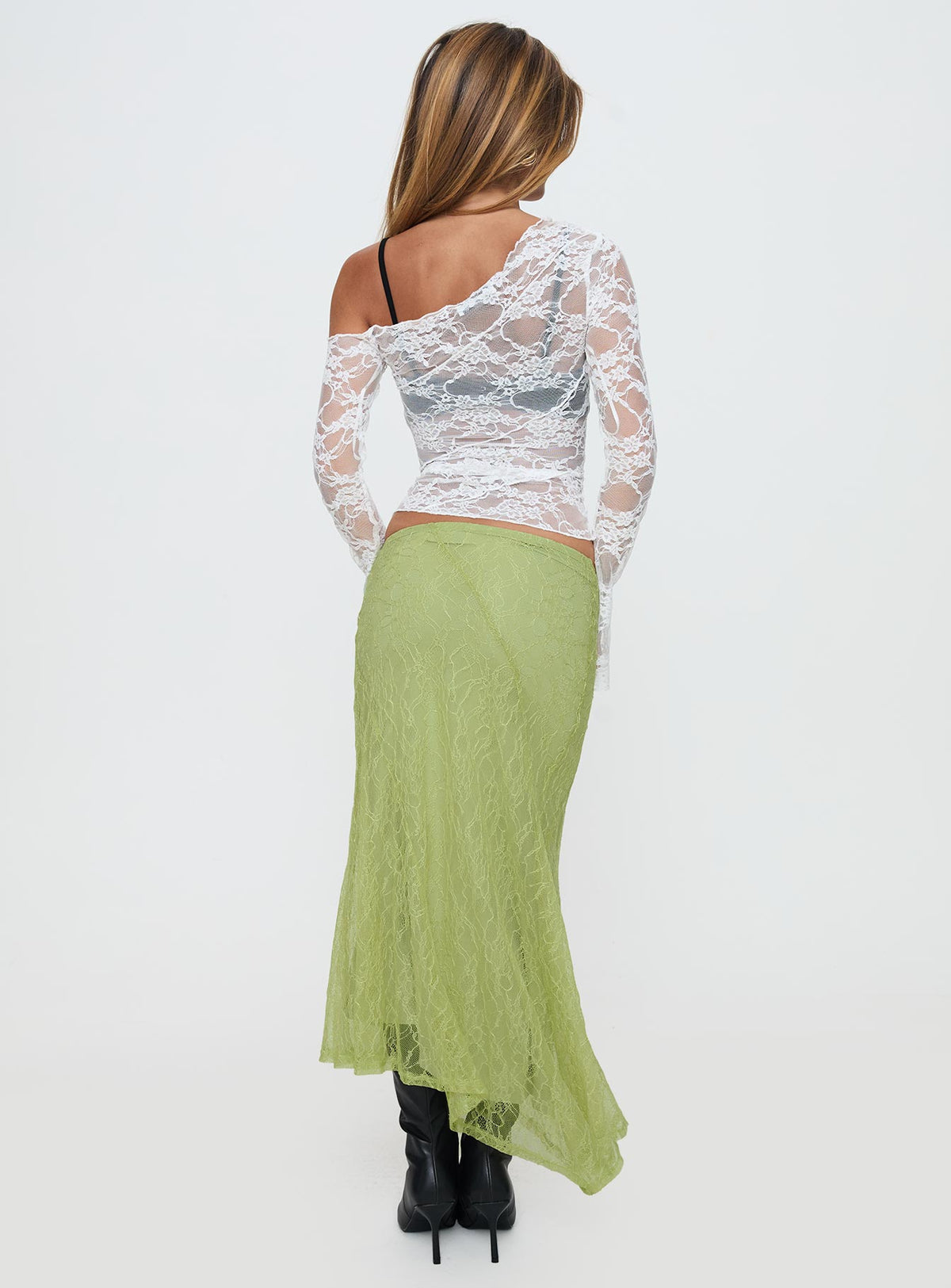 back view of model wearing Princess Polly Dreamcatcher Lace Maxi Skirt Green Maxi Skirts Skirts 