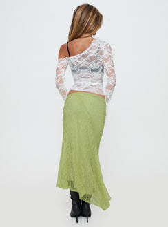 back view of model wearing Princess Polly Dreamcatcher Lace Maxi Skirt Green Maxi Skirts Skirts 