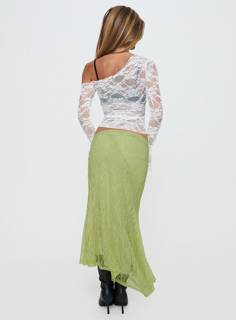 back view of model wearing Princess Polly Dreamcatcher Lace Maxi Skirt Green Maxi Skirts Skirts 