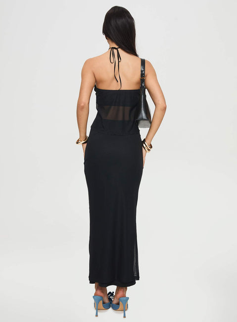 Mesh two-piece set  Strapless top, twist ruched detail at bust, asymmetrical hem with open style front, lettuce edge hem, inner silicone strip at bust, lined at bust only Maxi skirt, elasticated waistband Good stretch, fully lined Princess Polly Lower Impact