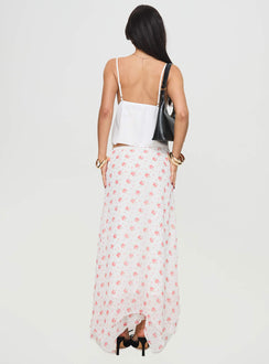 back view of model wearing Princess Polly Dancing In A Field Maxi Skirt Pink Floral Maxi Skirts Skirts 