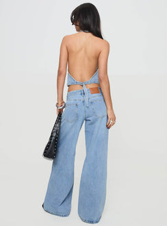 back view of model wearing Princess Polly Pearlisle Low Rise Baggy Jeans Light Wash Low Rise Jeans Jeans 