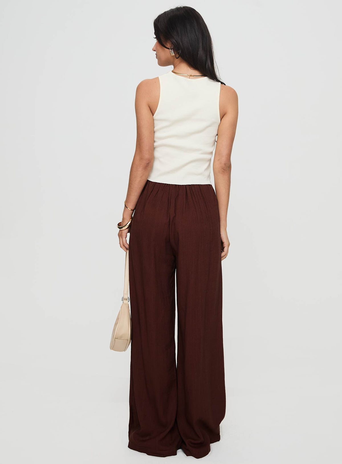 back view of model wearing Princess Polly Ogilvie Linen Blend Pants Chocolate High Rise Pants Pants 