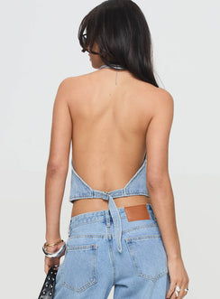 back view of model wearing Princess Polly Je Suis Halter Top Light Wash Sleeveless V-Neck 