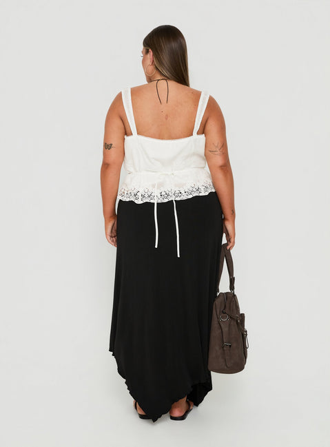 Presenting the Futura Asymmetrical Midi Skirt Black Curve in womens-skirts with midi length back view of model wearing Princess Polly