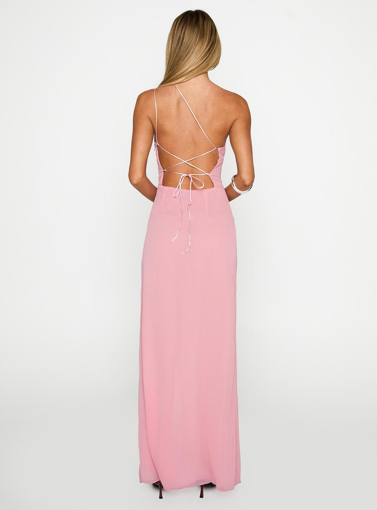 back view of model wearing Princess Polly Kiss Of Life Chiffon Maxi Dress Pink Asymmetric Neckline 