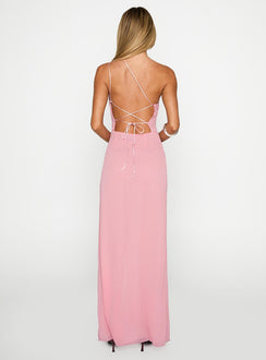 back view of model wearing Princess Polly Kiss Of Life Chiffon Maxi Dress Pink Asymmetric Neckline 