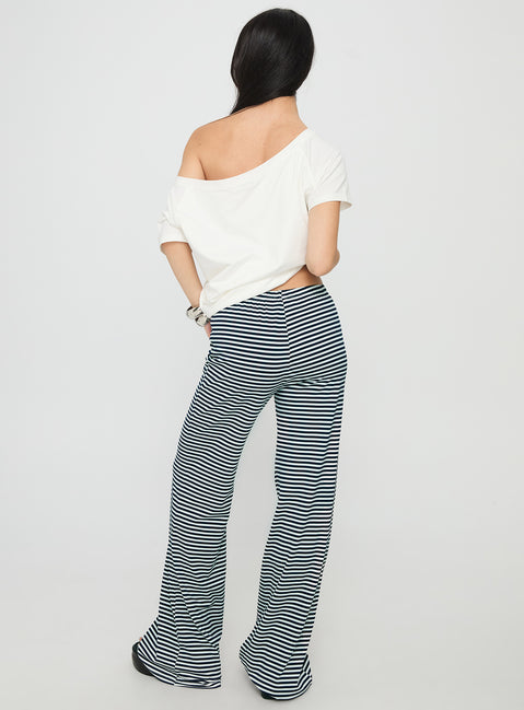 back view of model wearing Princess Polly Alfreda Jersey Pants Navy Stripe High Rise Pants Pants 