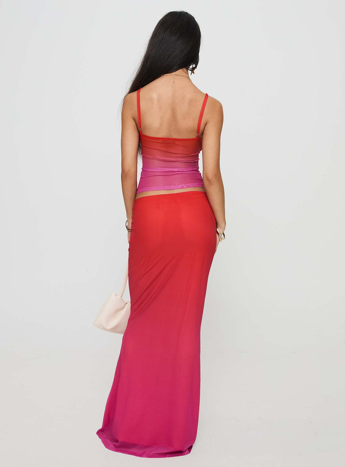 back view of model wearing Princess Polly Teen Spirit Maxi Skirt Pink Ombre Maxi Skirts Skirts 