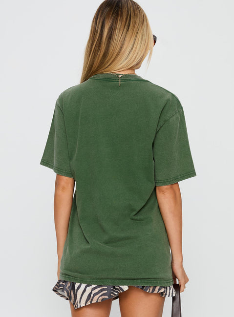 back view of model wearing Princess Polly Acdc Vintage Oversized Graphic Top Green Half Sleeves Crew Neck 
