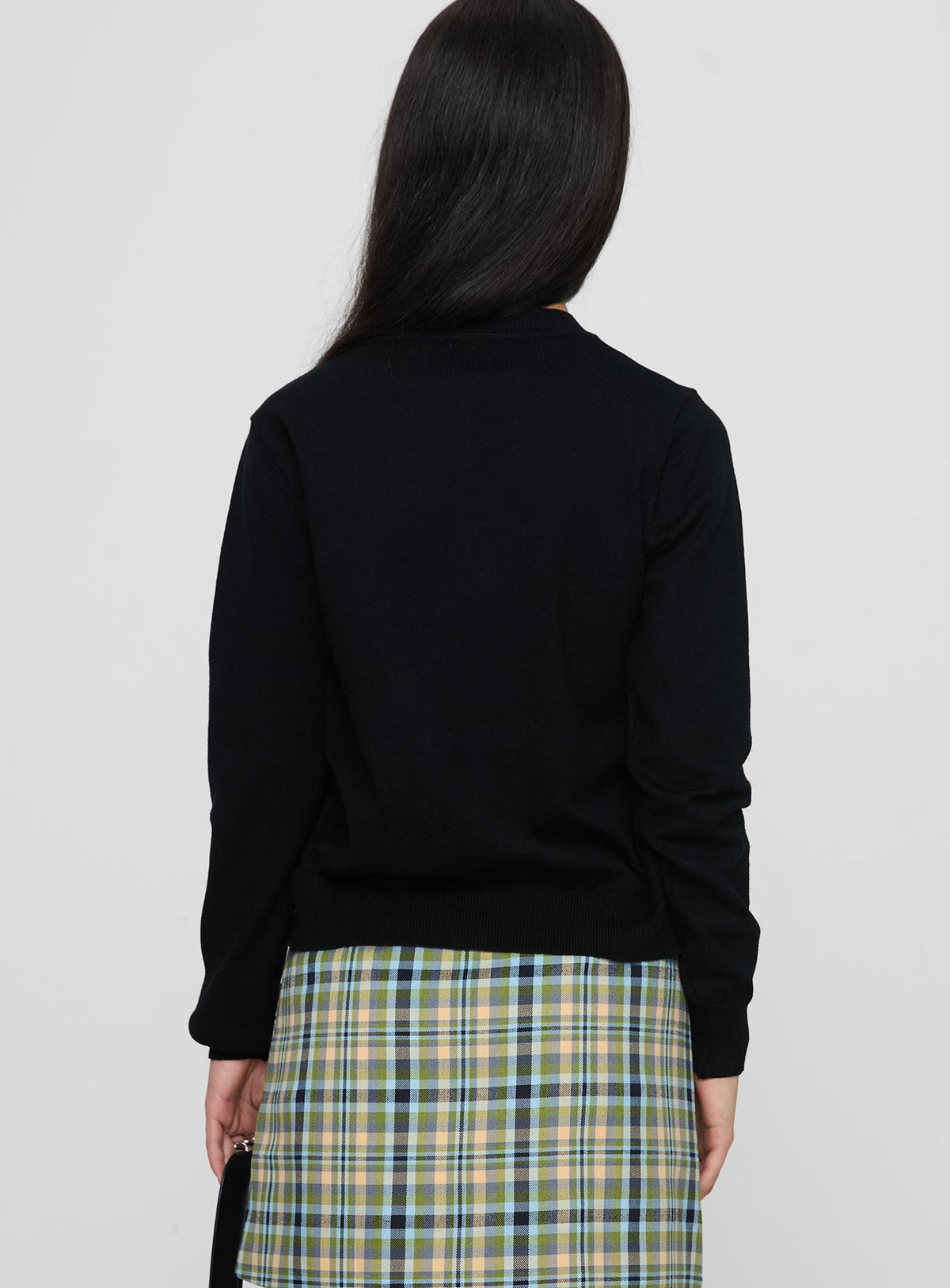 back view of model wearing Princess Polly Capeside Knit Cardigan Black Cropped Jumpers Jumpers 
