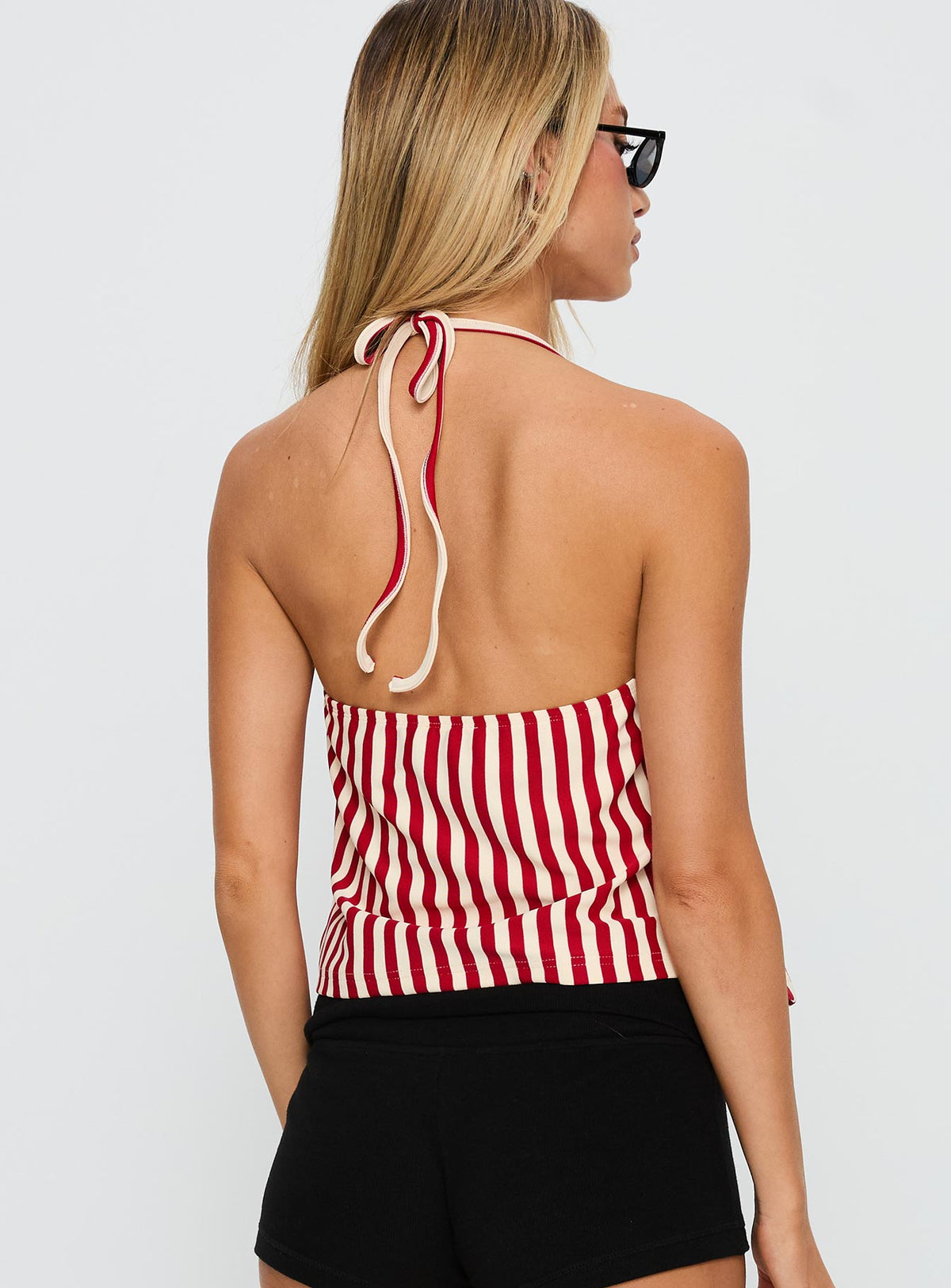 back view of model wearing Princess Polly Full Of Flash Top Red Stripe Sleeveless Square Neck 