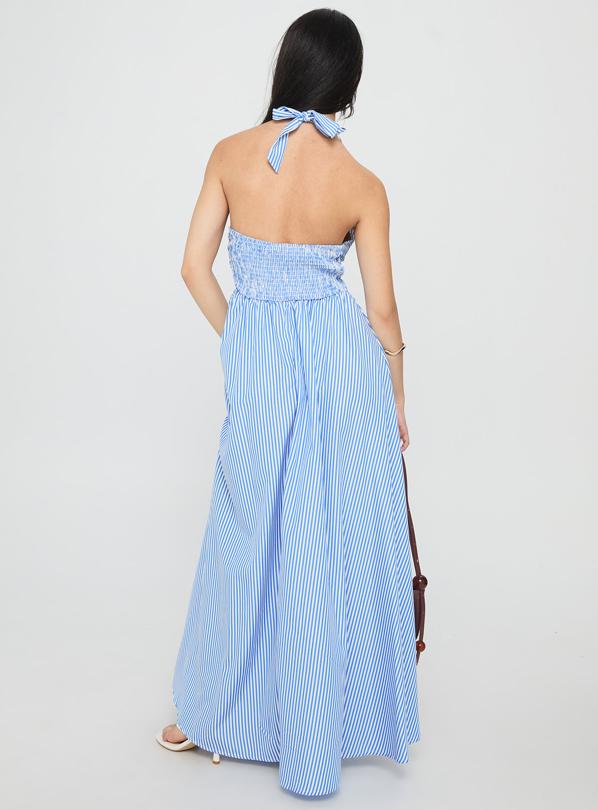 Ivie Halter Plunge Maxi Dress Blue Stripe