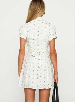 back view of model wearing Princess Polly Fabiola Collared Mini Dress Floral Plunger 