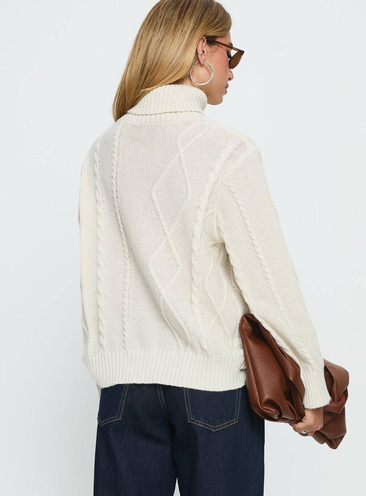 back view of model wearing Princess Polly Tarynne Cable Knit Turtle Neck Sweater Beige Longline Jumpers Jumpers 