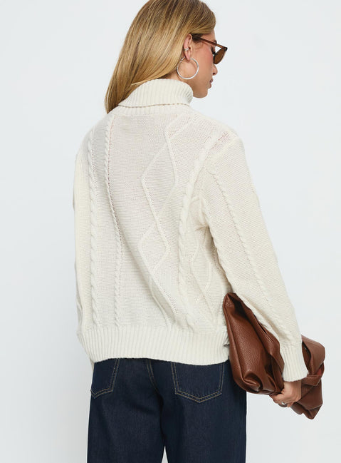 back view of model wearing Princess Polly Tarynne Cable Knit Turtle Neck Sweater Beige Longline Jumpers Jumpers 