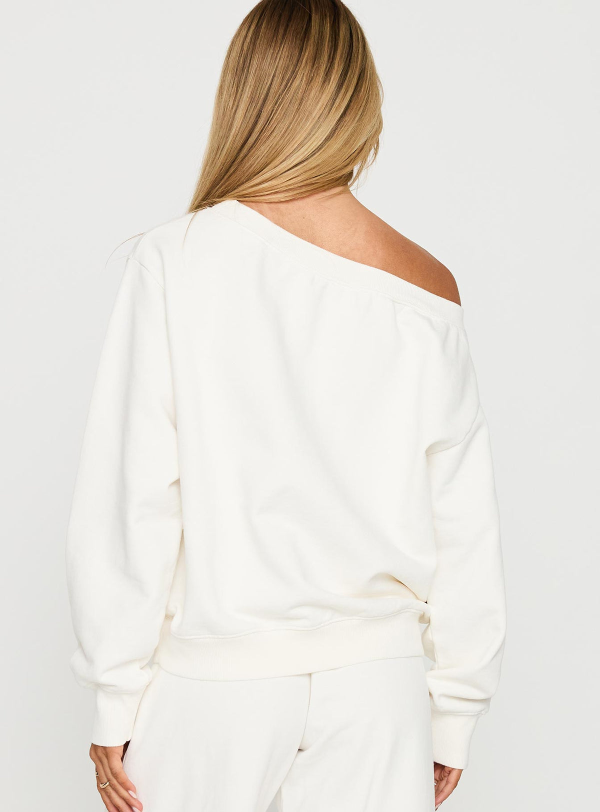 back view of model wearing Princess Polly Wellness Off The Shoulder Jumper Washed White Jumpers 