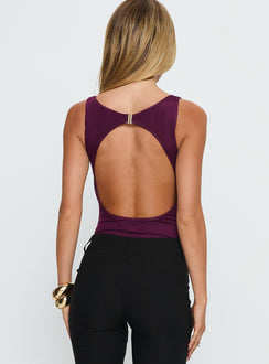 back view of model wearing Princess Polly Vinessa Backless Bodysuit Plum Sleeveless Bodysuit 