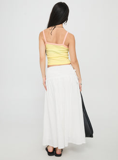 back view of model wearing Princess Polly Vence Ruched Maxi Skirt White Maxi Skirts Skirts 