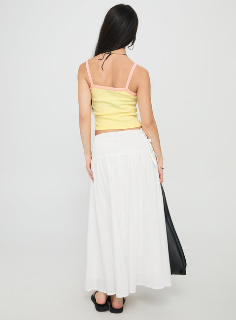 back view of model wearing Princess Polly Vence Ruched Maxi Skirt White Maxi Skirts Skirts 