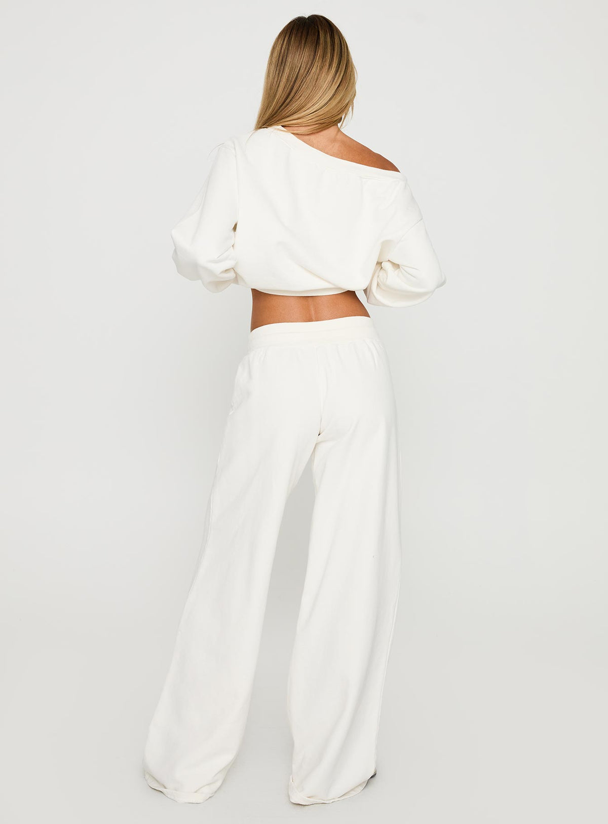 back view of model wearing Princess Polly Dodie Wide Leg Pants Washed White High Rise Pants Pants 