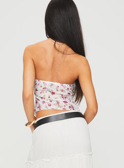 back view of model wearing Princess Polly Mani Top White Floral Sleeveless Sweetheart 