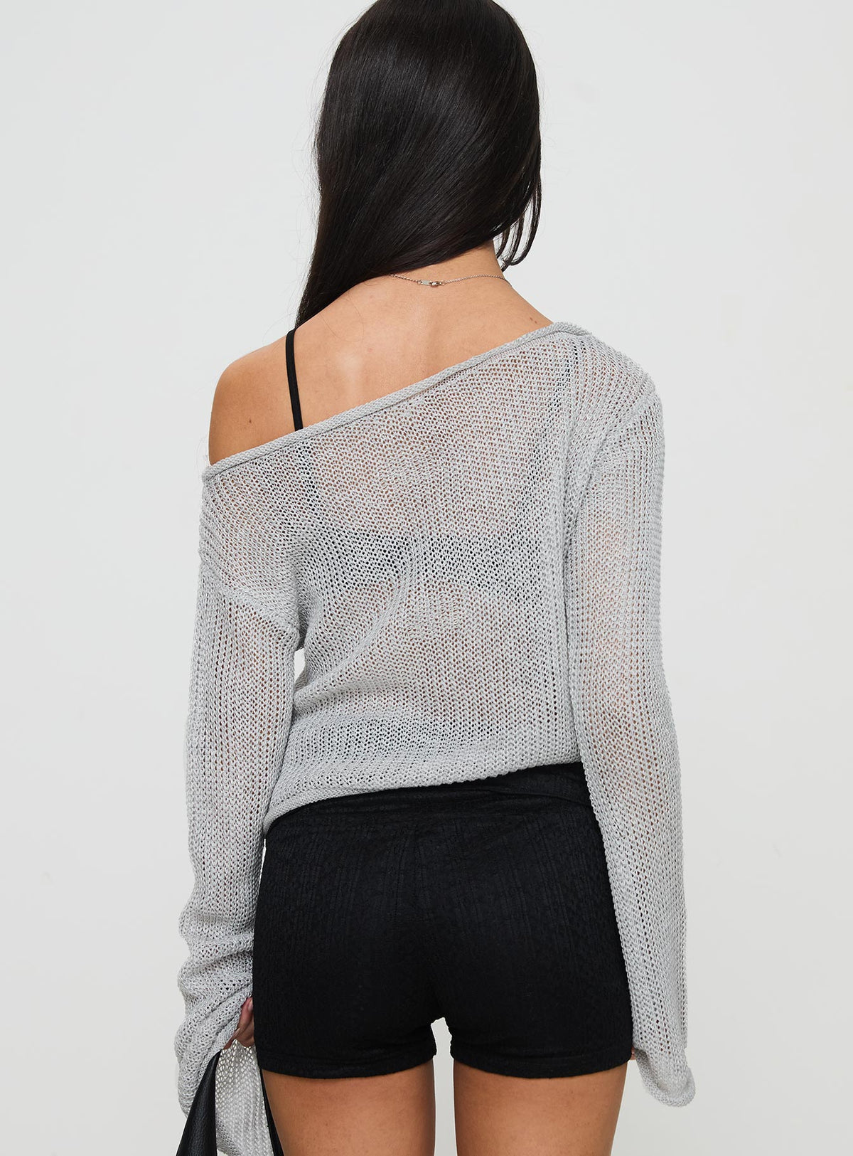 back view of model wearing Princess Polly Cafe Pari Sweater Grey Cropped Jumpers Jumpers 
