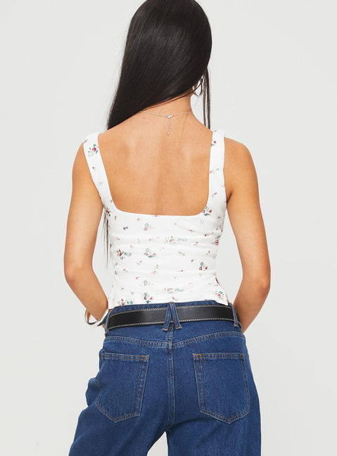 back view of model wearing Princess Polly Rehna Top White Floral Sleeveless V-Neck 