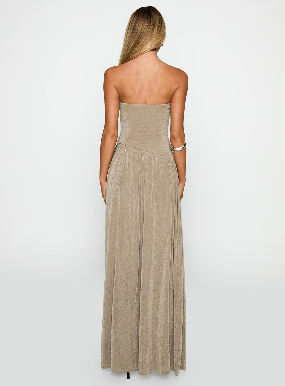 back view of model wearing Princess Polly Inka Strapless Maxi Dress Taupe Straight Neck 