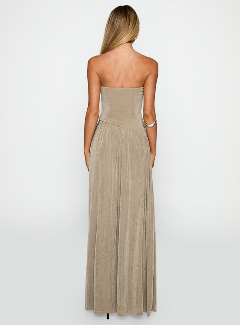 back view of model wearing Princess Polly Inka Strapless Maxi Dress Taupe Straight Neck 