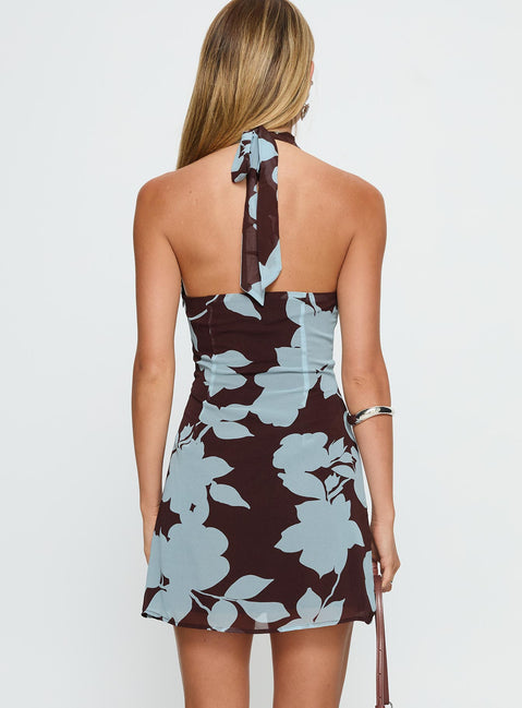 Cecily Scarf Halter Mini Dress Blue Floral