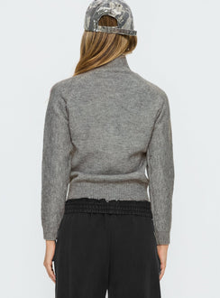 Designed with a high-neck, the Caysey Zip Through Knit Sweater Grey womens-jumpers in short length back view of model wearing Princess Polly