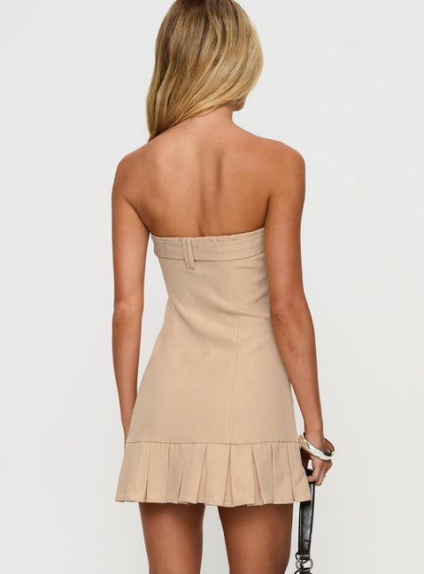 back view of model wearing Princess Polly Sesamie Belted Mini Dress Beige Straight Neck 
