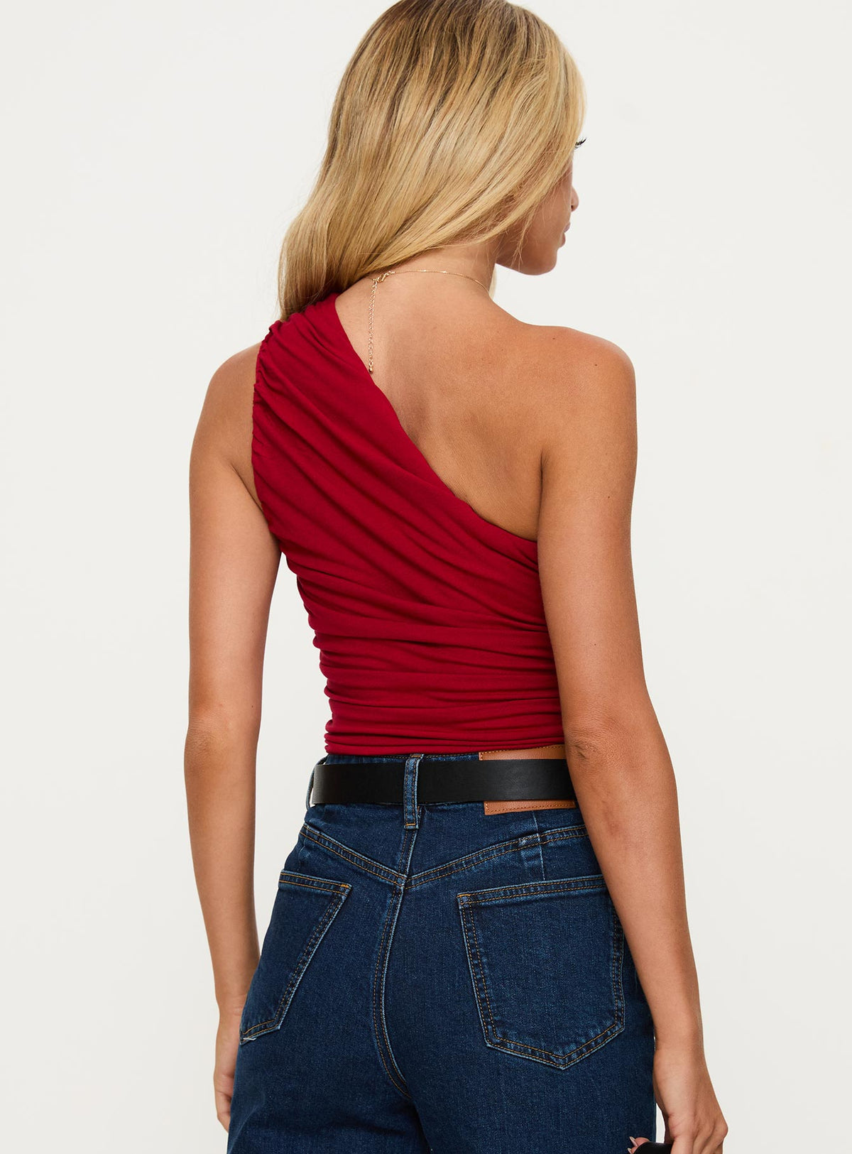 back view of model wearing Princess Polly Heston Asymmetrical Ruched Bodysuit Red Sleeveless Bodysuit 
