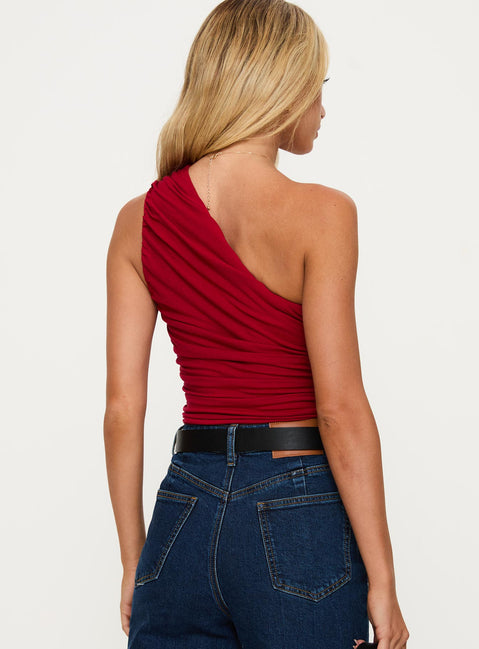 back view of model wearing Princess Polly Heston Asymmetrical Ruched Bodysuit Red Sleeveless Bodysuit 