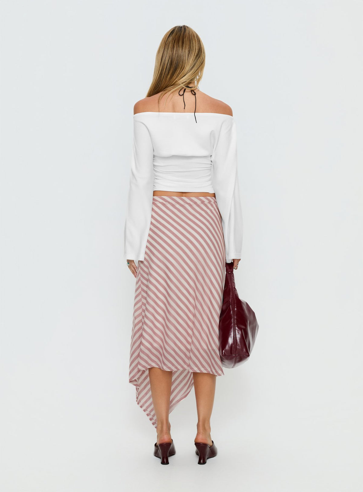 back view of model wearing Princess Polly Gwenora Asymmetrical Midi Skirt Pink Stripe Midi Skirts Skirts 