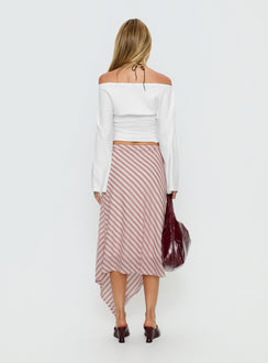 back view of model wearing Princess Polly Gwenora Asymmetrical Midi Skirt Pink Stripe Midi Skirts Skirts 