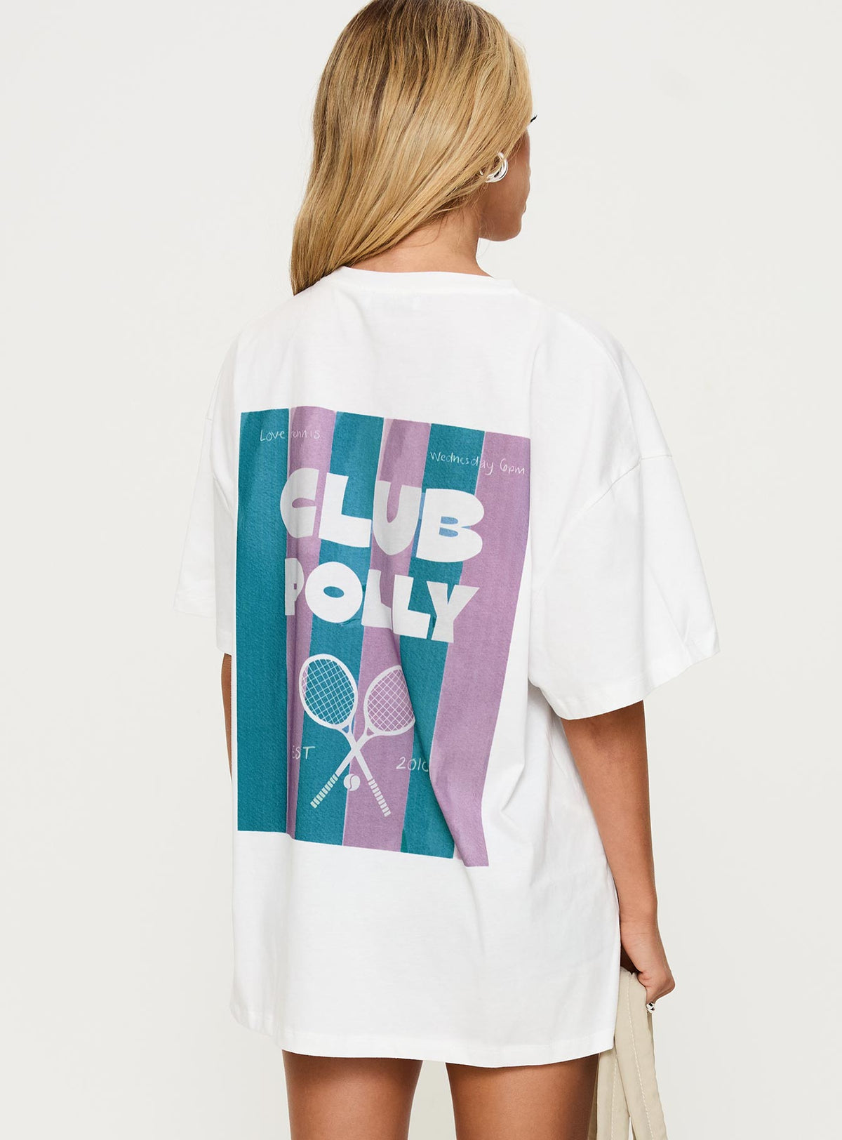 back view of model wearing Princess Polly Club Polly Oversized Tee White Half Sleeves Crew Neck 