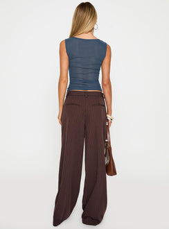 back view of model wearing Princess Polly Lustre Wide Leg Pant Brown Pinstripe Low Rise Pants 