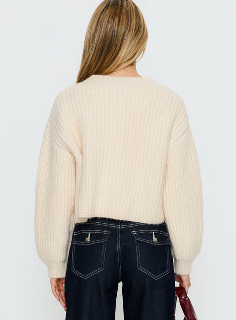 back view of model wearing Princess Polly Hadly Knit Cardigan Cream Cropped Jumpers Jumpers 