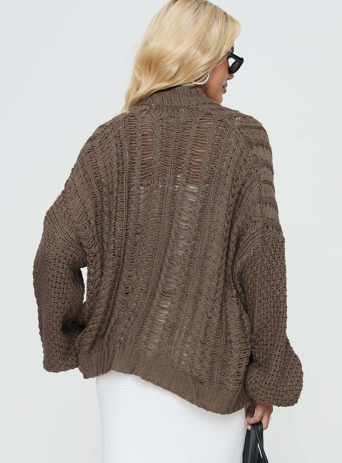 Cable knit cardigan, drop shoulder Good stretch, unlined Princess Polly Lower Impact 