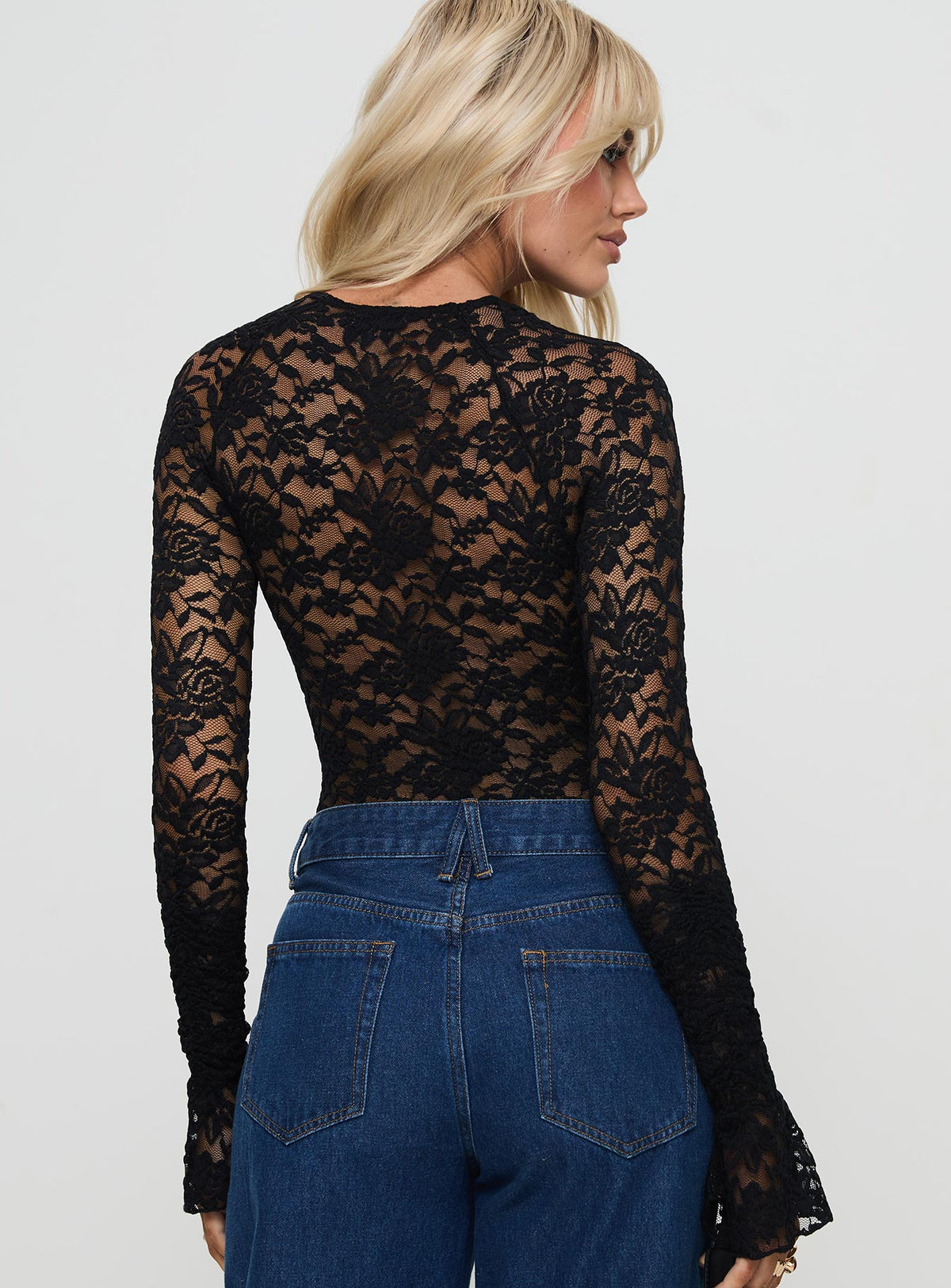 back view of model wearing Princess Polly Giallo Long Sleeve Bodysuit Black Long Sleeve Tops Bodysuit 