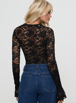back view of model wearing Princess Polly Giallo Long Sleeve Bodysuit Black Long Sleeve Tops Bodysuit 