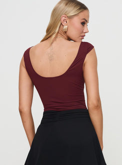 back view of model wearing Princess Polly Zenon Bodysuit Wine Sleeveless Bodysuit 