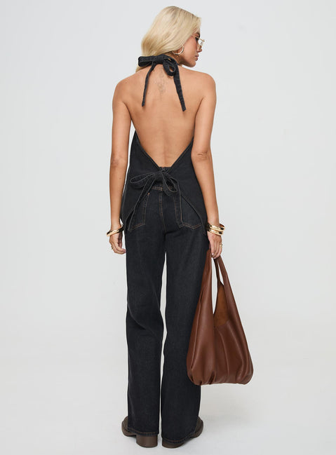 back view of model wearing Princess Polly Top Model Low Rise Straight Leg Jeans Charcoal High Rise Jeans Jeans 