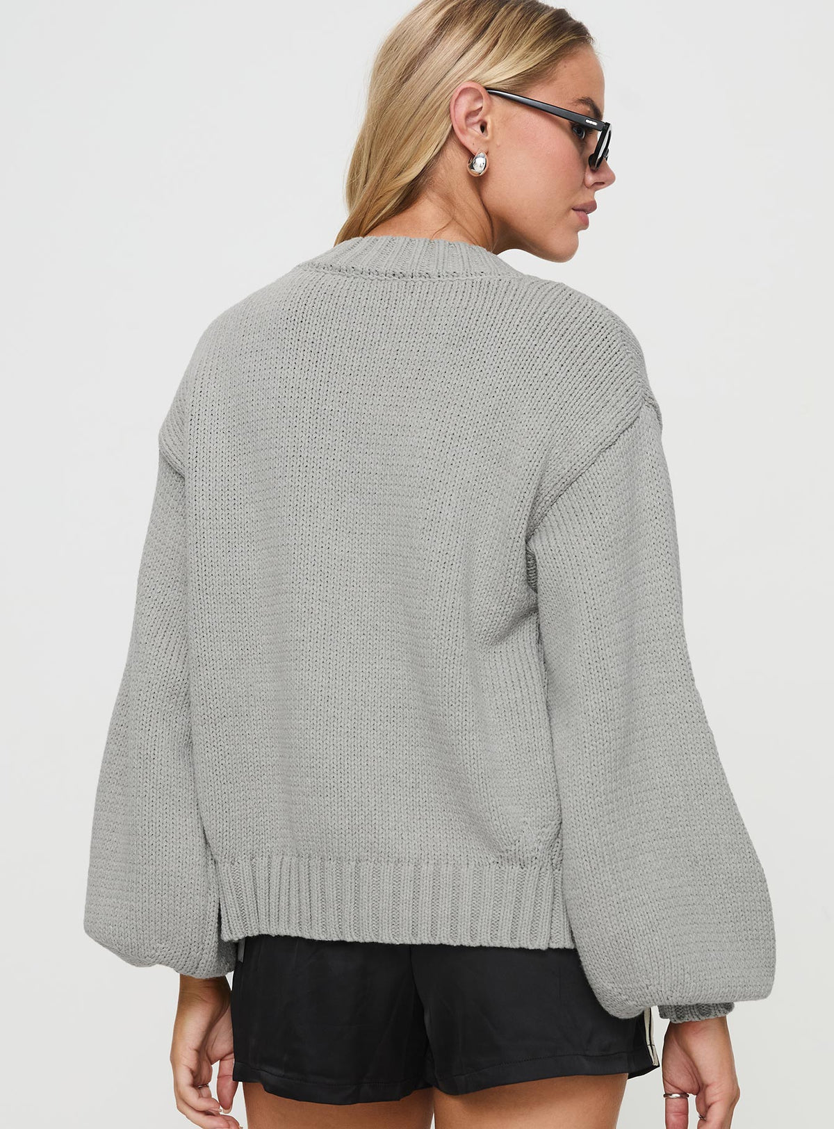 back view of model wearing Princess Polly Edern Cardigan Grey Jumpers 