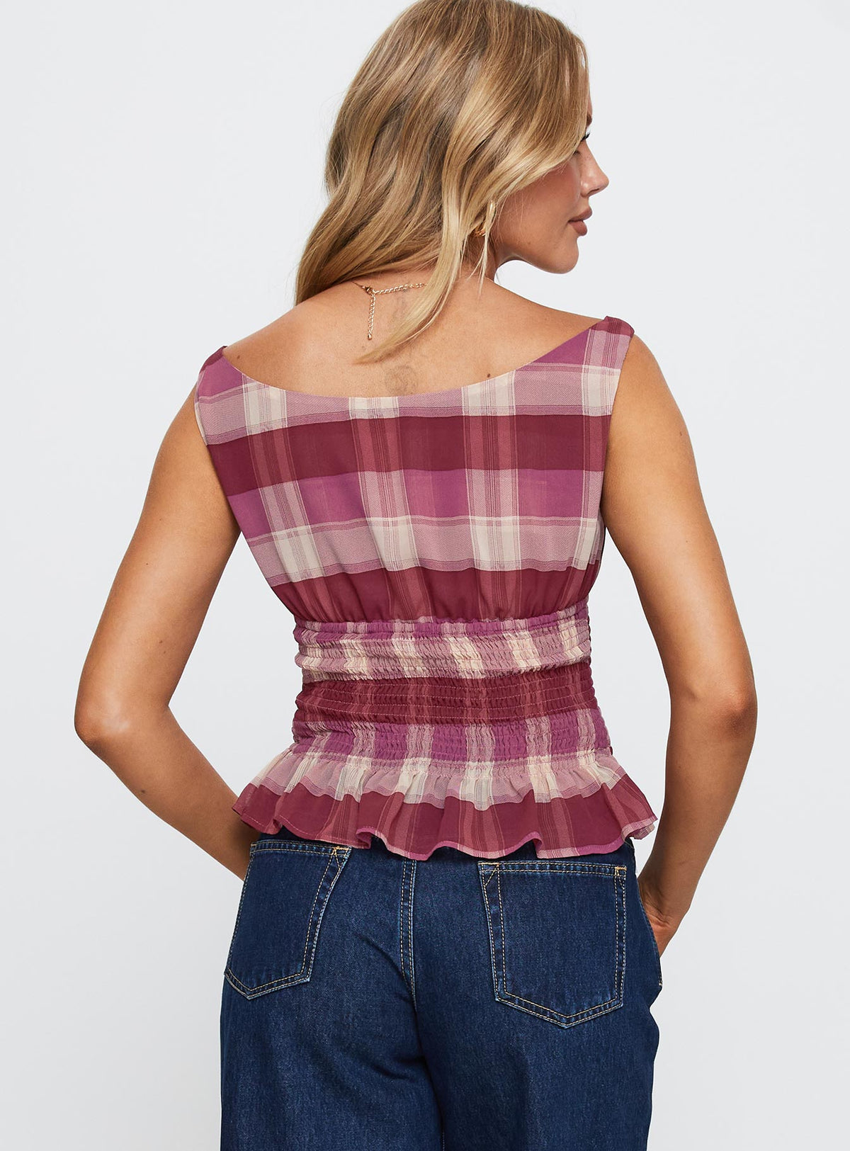 back view of model wearing Princess Polly Sweet Honey Frill Top Pink Check Sleeveless Boat Neck 