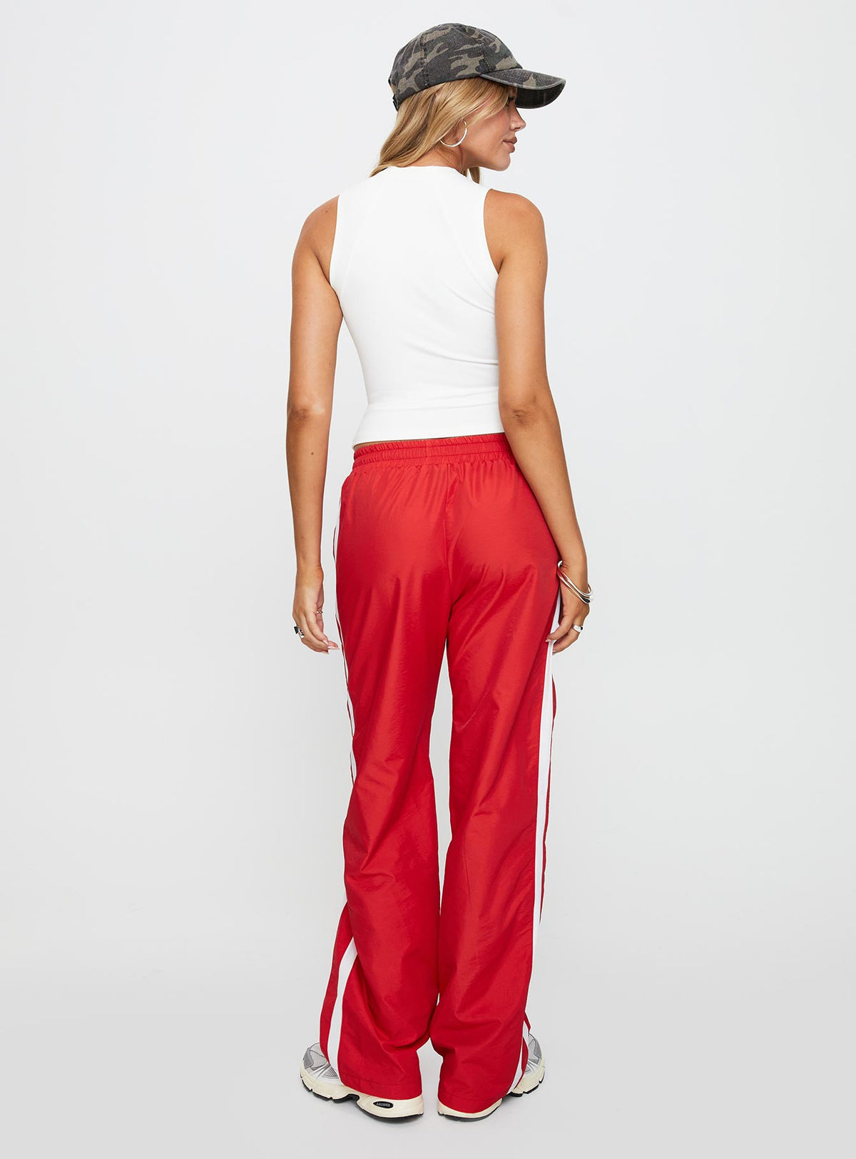 back view of model wearing Princess Polly Keli Track Pants Red / White High Rise Pants Pants 