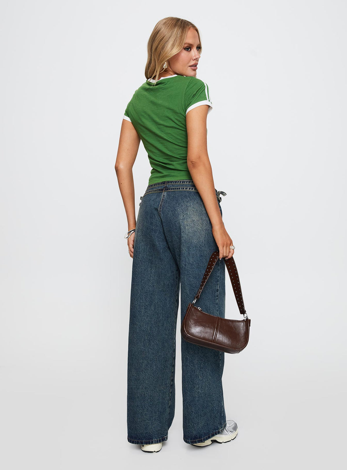back view of model wearing Princess Polly Baccarat Belted Denim Pant Dark Blue Low Rise Jeans 