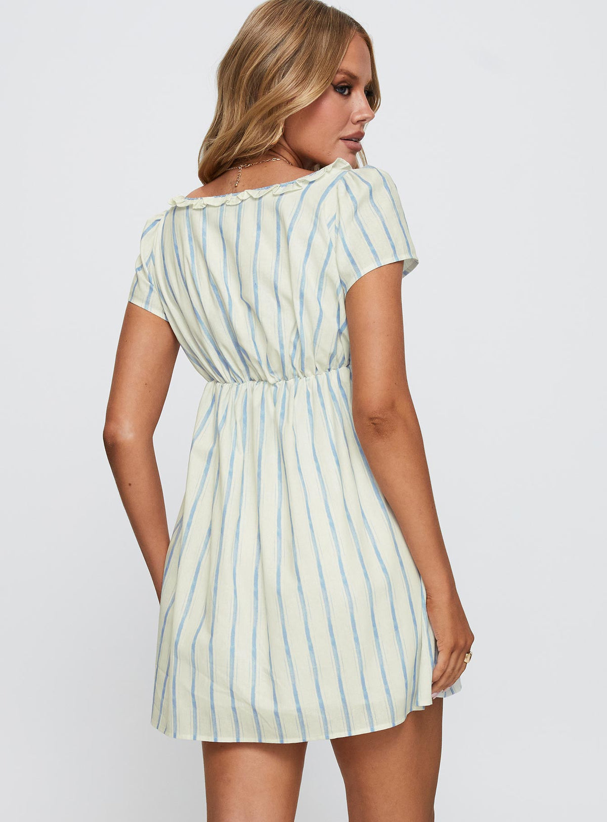 back view of model wearing Princess Polly Monsterrat Mini Dress Blue Stripe Sweetheart Neckline 